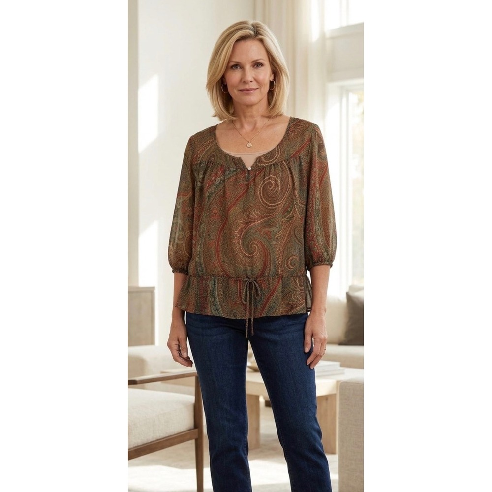 American Living Womens XL Paisley Peasant Blouse Brown Sheer Drawstring Top